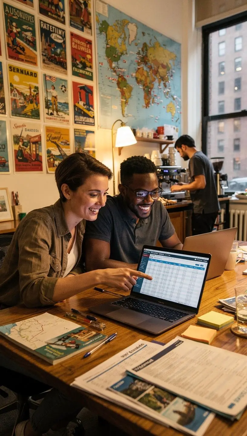 Osoba korzystająca z aplikacji mobilnej do planowania podróży, z widokiem na miejskie krajobrazy w tle.