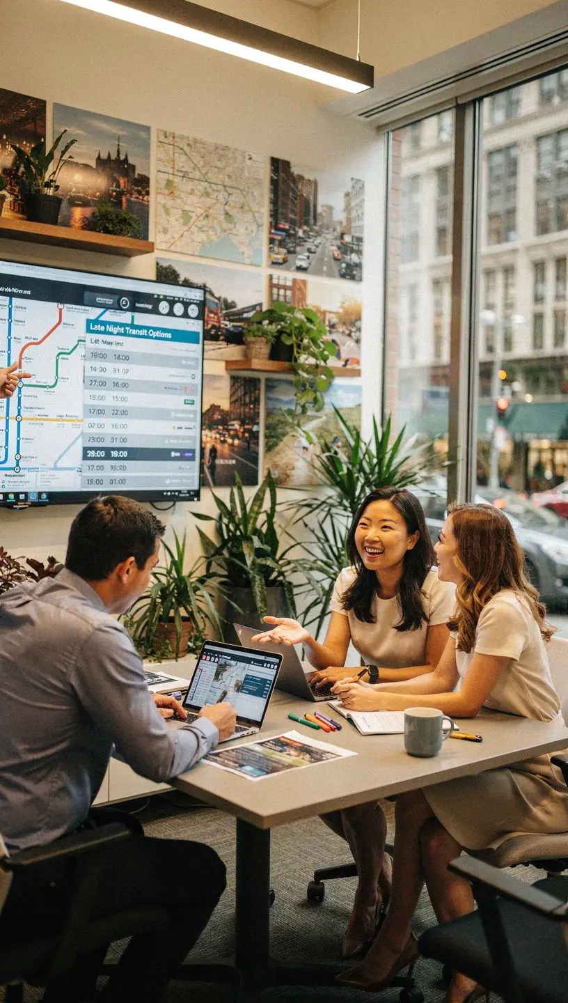 Wizualizacja bezpiecznych tras dojazdowych z punktami orientacyjnymi.