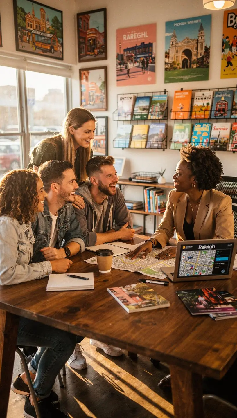 Użytkownik korzystający z aplikacji mobilnej do planowania podróży, z widokiem na lokalne atrakcje.