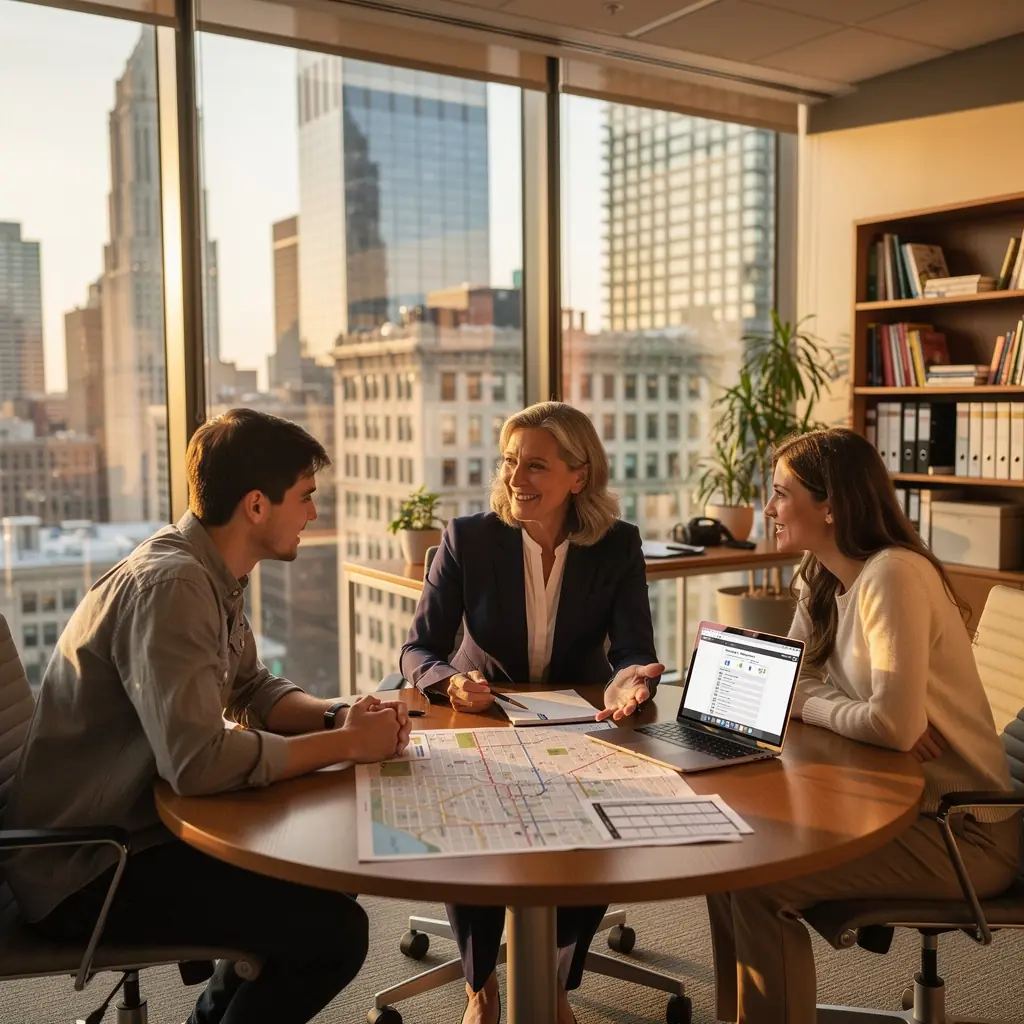 Grupa turystów z plecakami, planujących zwiedzanie w nocy przy dobrze oświetlonych ulicach.