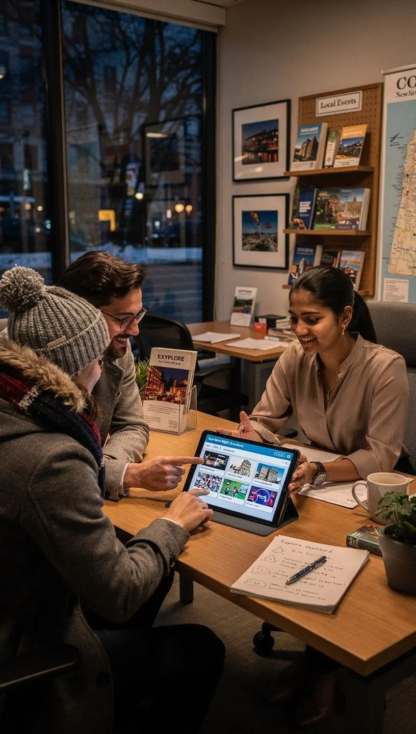 Mapa miejskich atrakcji turystycznych z oznaczonymi trasami transportu publicznego.
