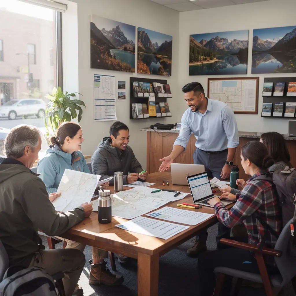 Zespół osób planujących podróż w biurze, omawiający późne przybycie i bezpieczne opcje transportu.