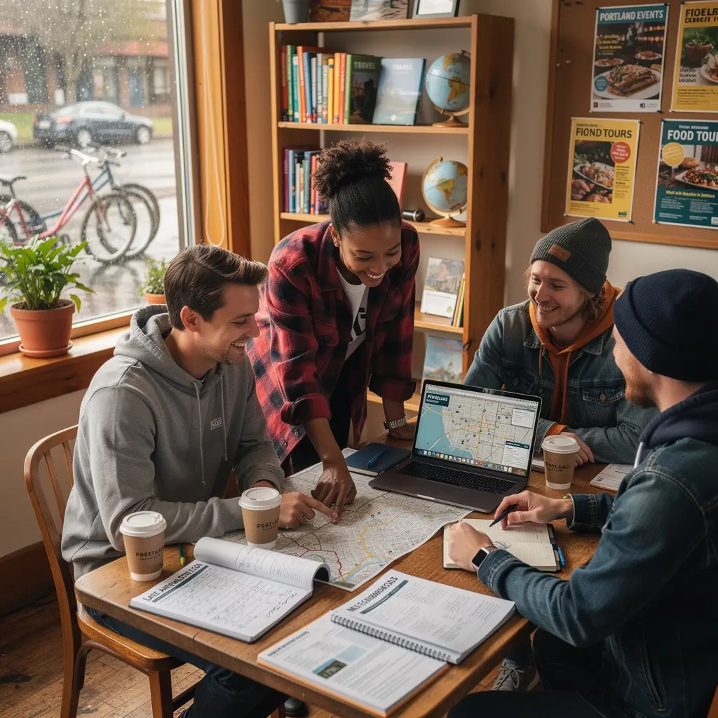 Przewodnik turystyczny pokazujący różne opcje dojazdu w mieście.