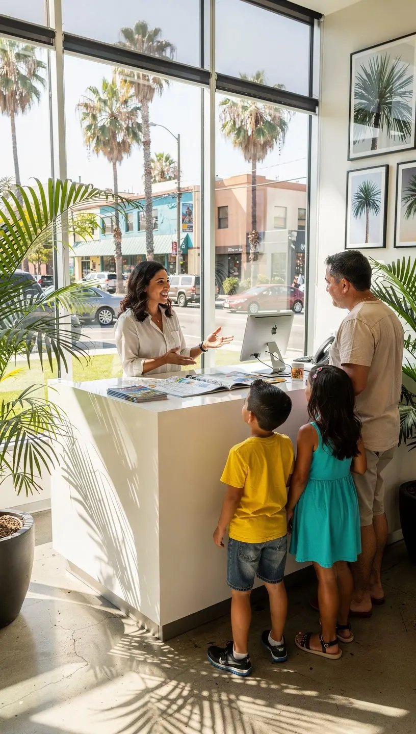 Widok na nowoczesne biuro podróży z mapami lokalnych atrakcji.